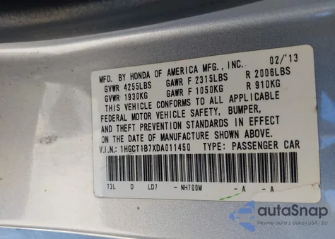 2013 Honda Accord Ex z USA, uszkodzony, nr VIN 1HGCT1B7XDA011450